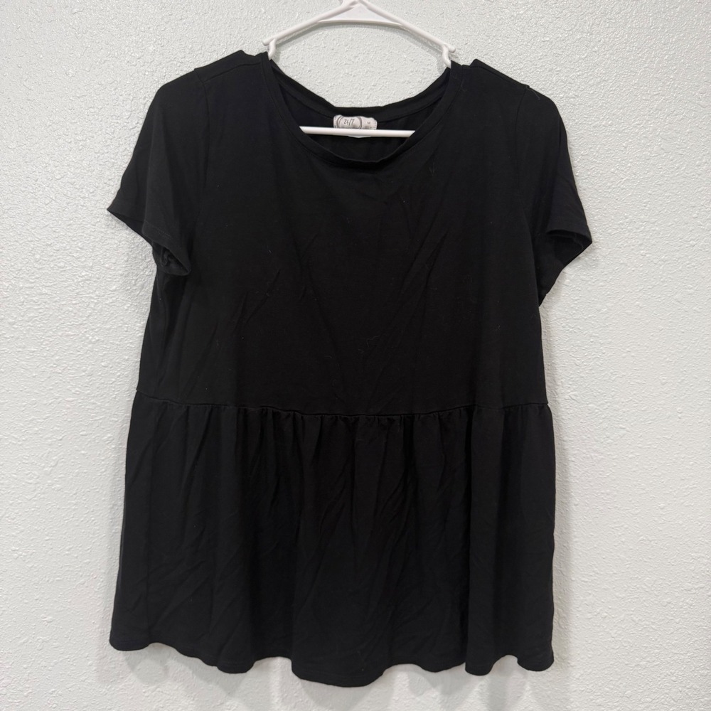 Maurices 24/7 Black Peplum Top Short Sleeve Babydoll Shirt Womens Size Medium